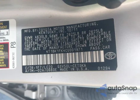 2012 Toyota Camry Se V6 z USA, uszkodzony, nr VIN 4T1BK1FK4CU001971